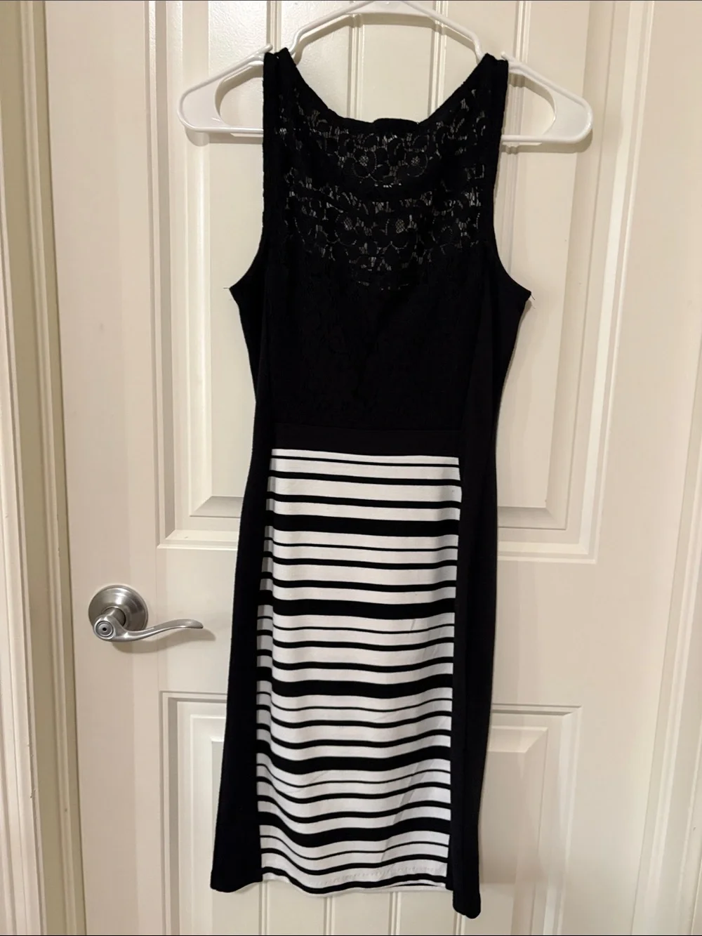 Weston Wear by Anthropologie Black and White Striped Sheath Dress with Lace Back